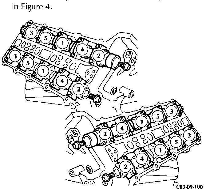 Diagram showing the sequence for tightening the bearing cap bolts on an engine cylinder head. The diagram shows two rows of five bolts each, numbered 1 through 5, with arrows indicating the tightening sequence.