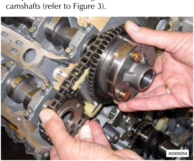 Hands removing camshaft sprocket with timing chain