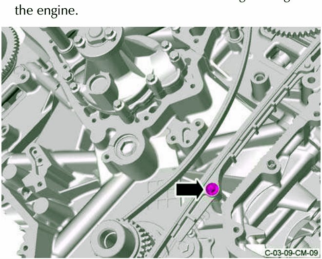 Close-up of bolt attaching timing chain guide to engine