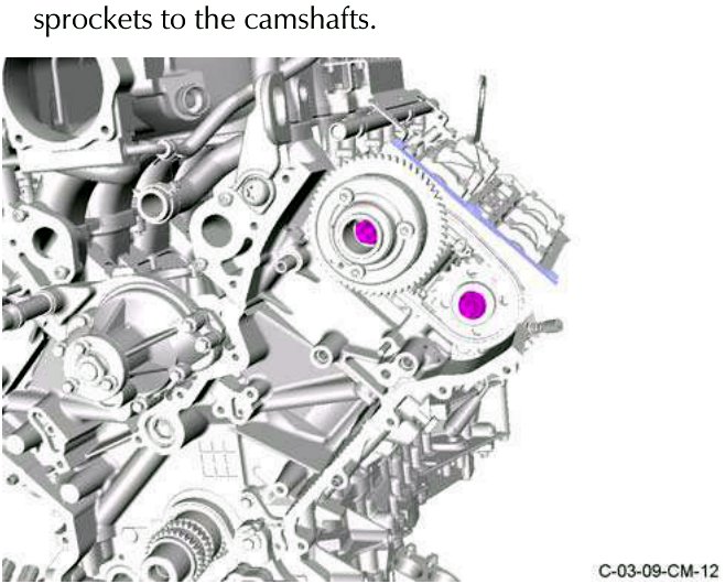 Close-up of Torx bolts attaching camshaft prockets to camshafts