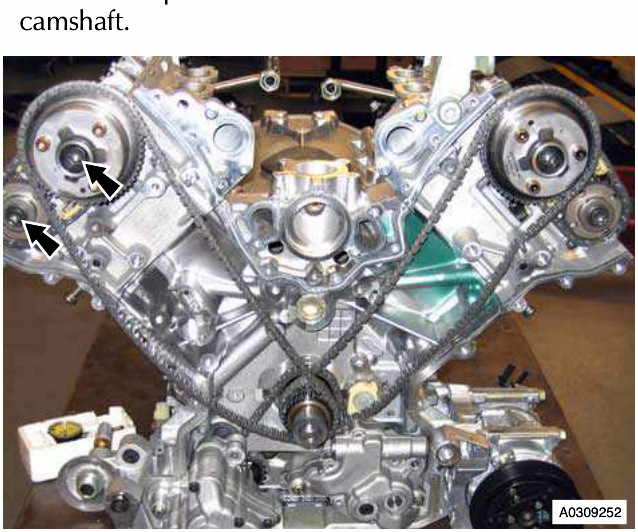 Engine with timing chain and sprockets visible, arrows pointing to bolts on exhaust camshaft