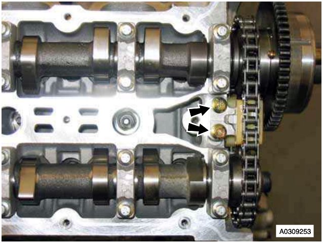 Close-up of camshafts and timing chain, arrows pointing to M6 bolts