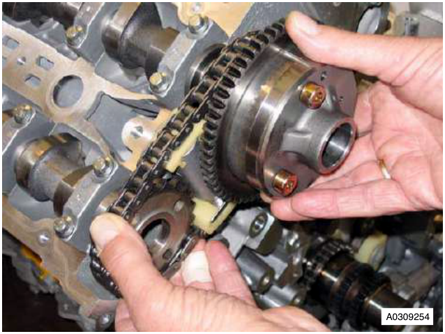 Hands removing a camshaft sprocket with attached timing chain