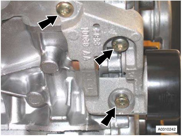 Alternator mounting bracket with three Torx bolts, arrows pointing to bolts