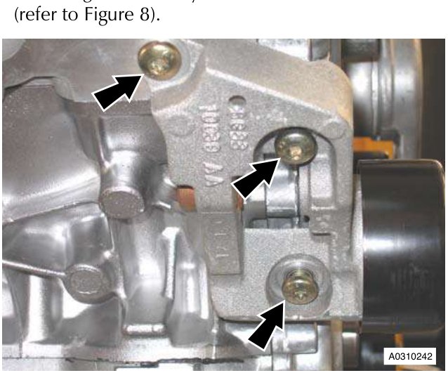 Alternator mounting bracket with three Torx bolts, arrows pointing to each bolt