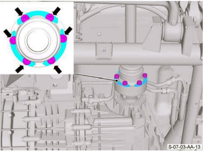 Close-up view of a circular component with multiple bolts, labeled F1.