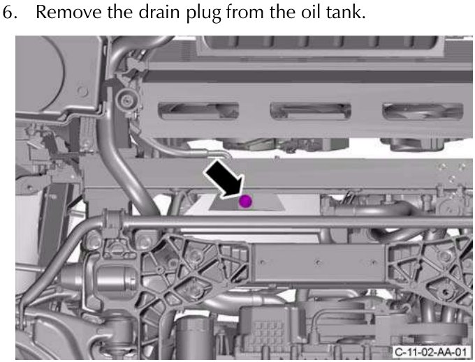 Oil tank with drain plug indicated