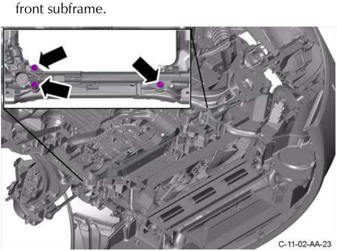 Close-up of three bolts on the PAS rack attached to the front subframe, with arrows pointing to them.