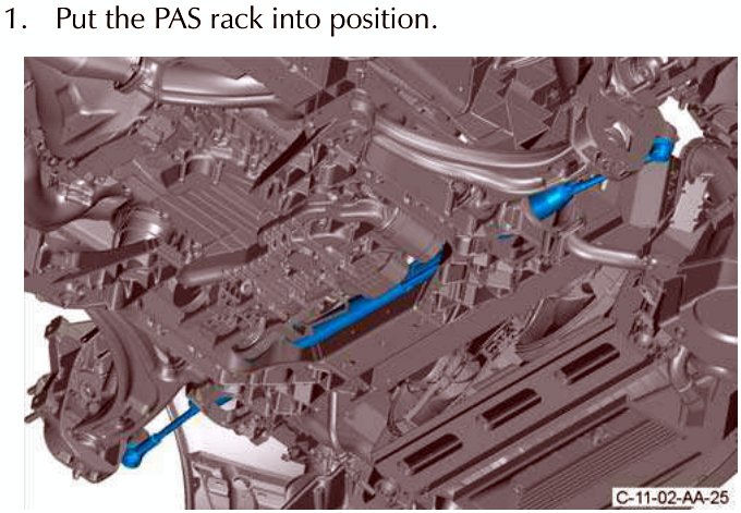 The PAS rack being positioned in place within the vehicle's chassis, with blue arrows indicating the direction of movement.