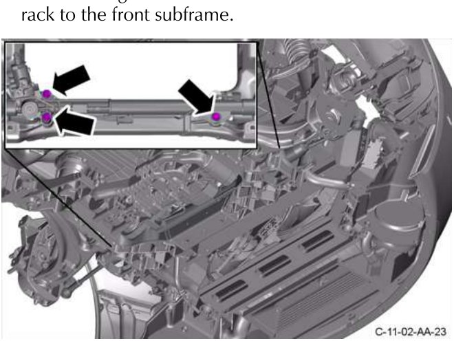 Close-up of three bolts on the PAS rack attached to the front subframe, with arrows pointing to them.