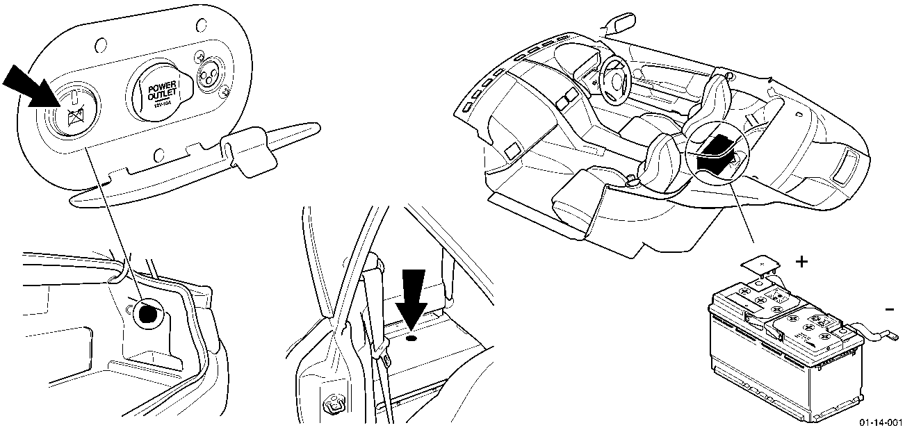Diagram showing the location of the power outlet and battery under the rear seat area, with arrows indicating access points and the battery position.