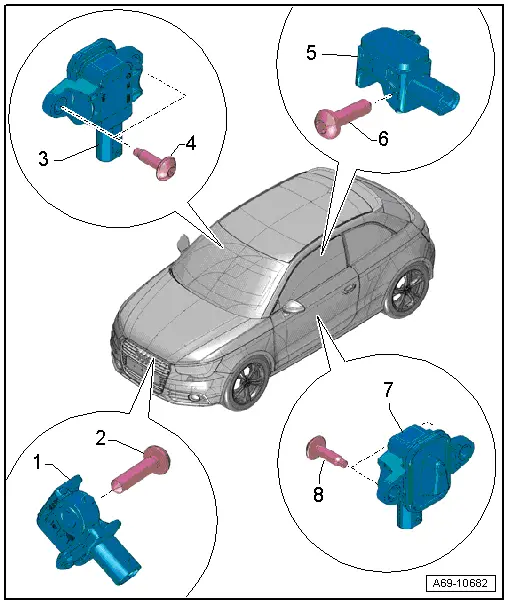 Audi Workshop Service and Repair Manuals > A1 > Body |<br><br>General body  repairs, interior |<br><br>Passenger protection |<br><br>Airbag crash  sensors |<br><br>General view of airbag crash sensors