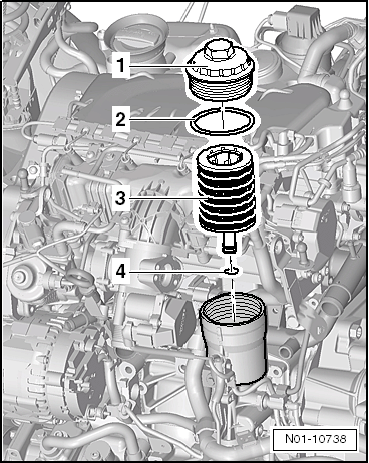 Audi Workshop Manuals > A1 > Power unit > 4-cylinder TDI engine (1.6 ltr.  4-valve common rail), mechanics > Engine lubrication > Oil filter bracket  and engine oil cooler > Removing and