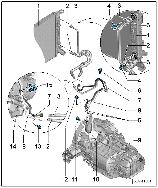 Audi Workshop Manuals > A4 Mk3 > Power transmission > multitronic 0AW,  front-wheel drive > Automatic gearbox, control, assembly, housing >  Exploded view - ATF lines, ATF cooler and ATF filter