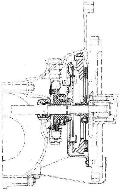 Side sectional view of clutch and throw-out mechanism - 500 Sedan (11OF), late Station Wagon. Value 1.5 mm (.059 inch) refers to the clearance to be obtained through the adjustment of clutch throw-out yoke rod