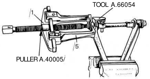 Removal of rubber bushes by universal puller A.40005 and arm retainer tool A.66054