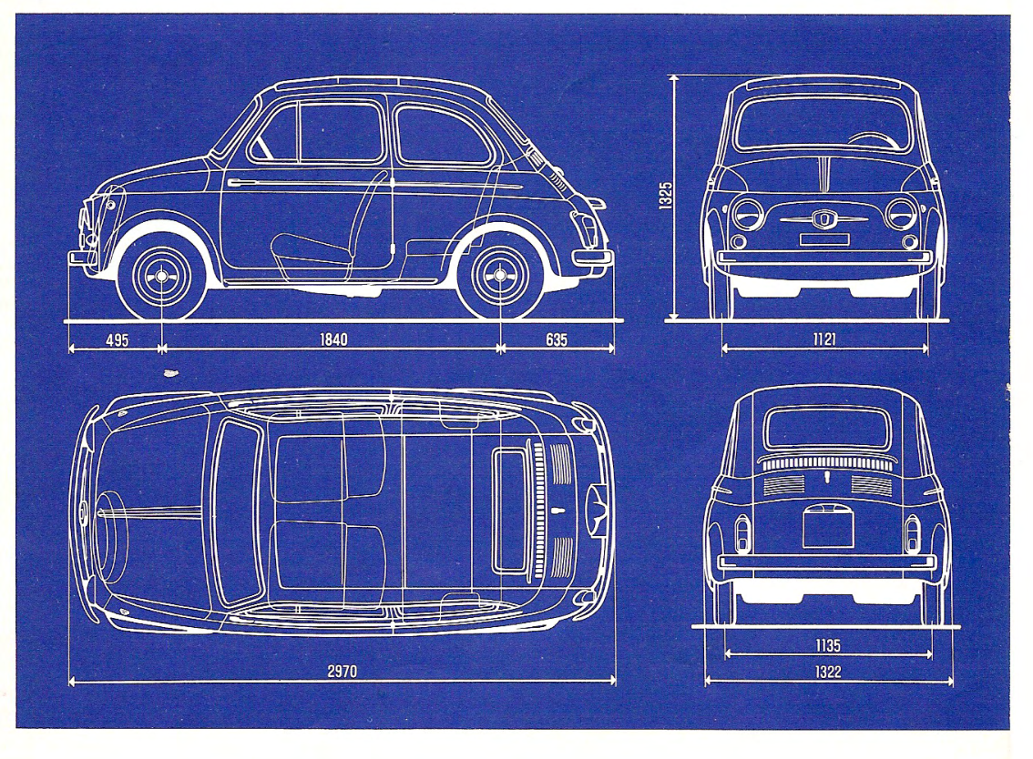 Fiat 500 D dimensions: side, top, front and rear views