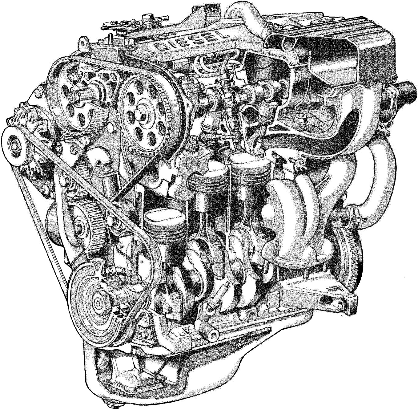 Technical illustration showing a partial cross section of a diesel engine, revealing internal components including pistons, crankshaft, timing belt, and turbocharger.