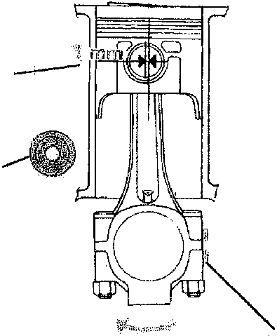 Technical diagram of a piston and connecting rod assembly with callout lines indicating specific features.