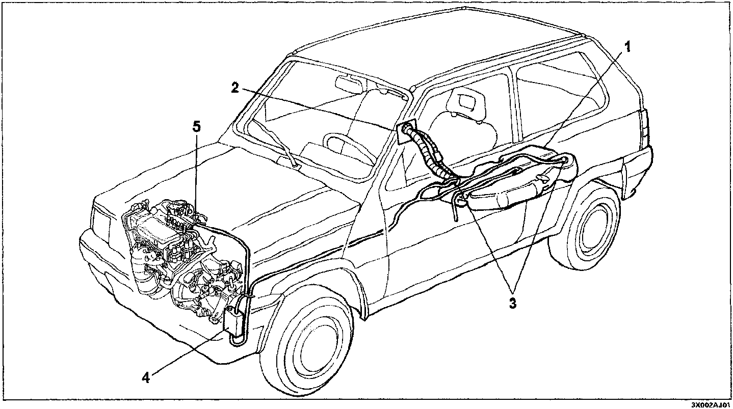 Diagram of the fuel anti-evaporation system layout on the vehicle, showing the fuel tank, filler cap, multifunction valve, charcoal filter, and charcoal filter solenoid valve with callout numbers 1 through 5.