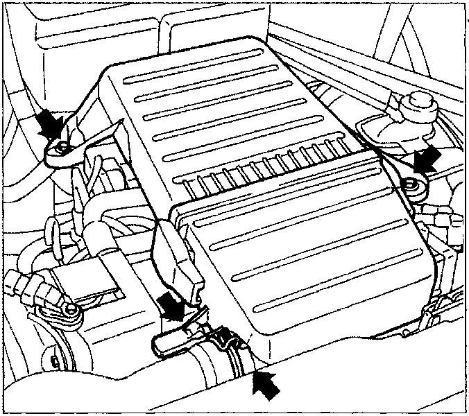 Illustrates engine air filter housing removal steps with arrows