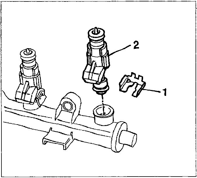Diagram of an injector assembly showing a safety clip labeled 1 and the injector body labeled 2 on a fuel rail
