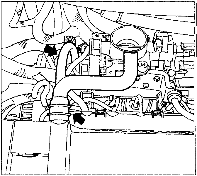 Diagram showing the throttle body area with arrows pointing to the crankcase vapour recirculation pipe, electrical connectors, and fuel/charcoal filter pipes.