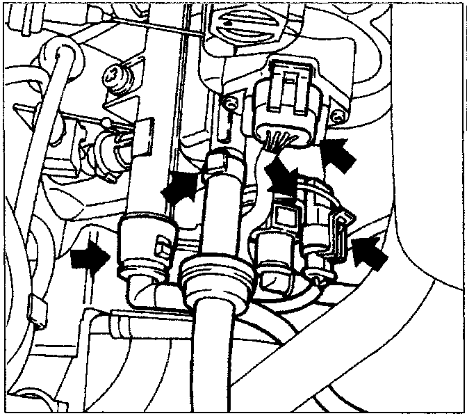 Diagram showing the engine idle speed actuator and throttle position sensor area with arrows indicating electrical connectors and the accelerator cable connection.
