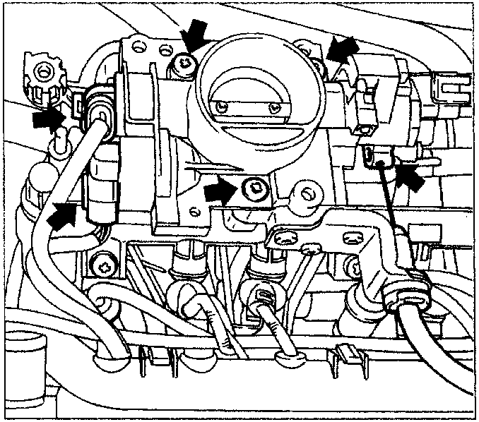 Diagram showing the throttle casing mounting bolts indicated by arrows.