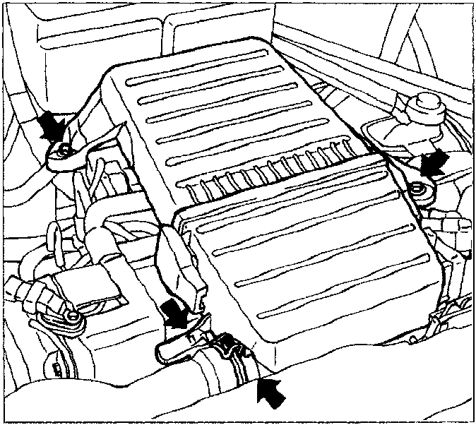Diagram showing the air filter housing and surrounding components on the engine with arrows indicating removal points.