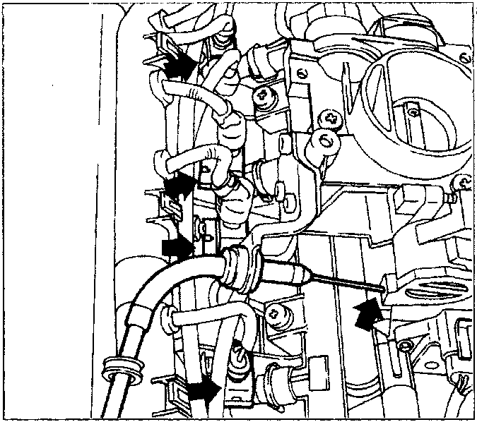 Diagram showing the throttle body area with arrows pointing to electrical connectors and pipes to be disconnected.