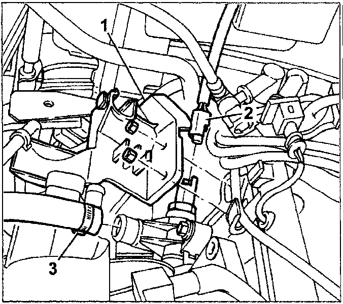 Diagram of the wiring mounting bracket and coolant pipe area, with callout numbers 1, 2, and 3 identifying specific components.