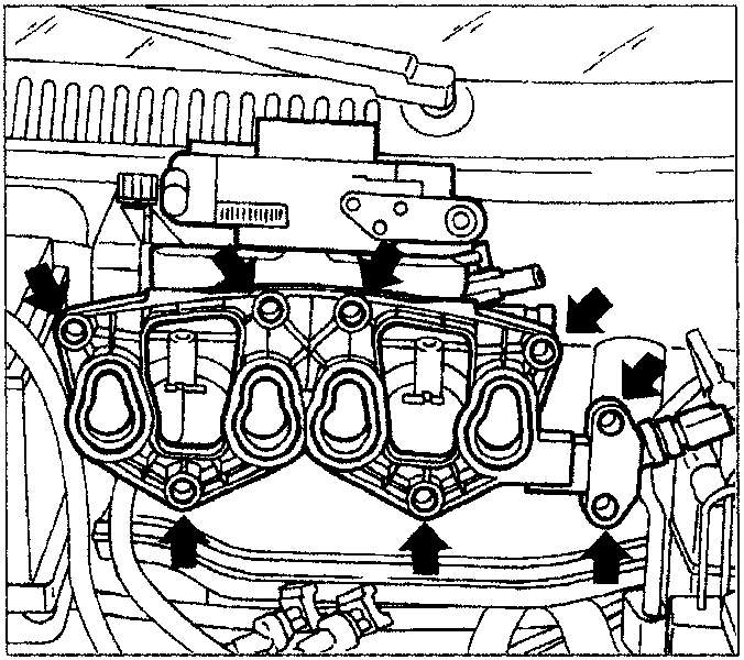Diagram showing the intake manifold removed from the engine block, with arrows indicating the bolt locations and gasket surface.