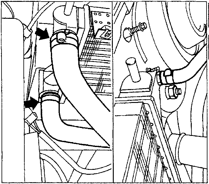 Diagram showing the lower radiator outlet hose and expansion tank pipe connections with arrows indicating disconnection points