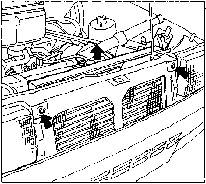 Diagram showing the radiator and fan assembly with arrows indicating fixing bolts.