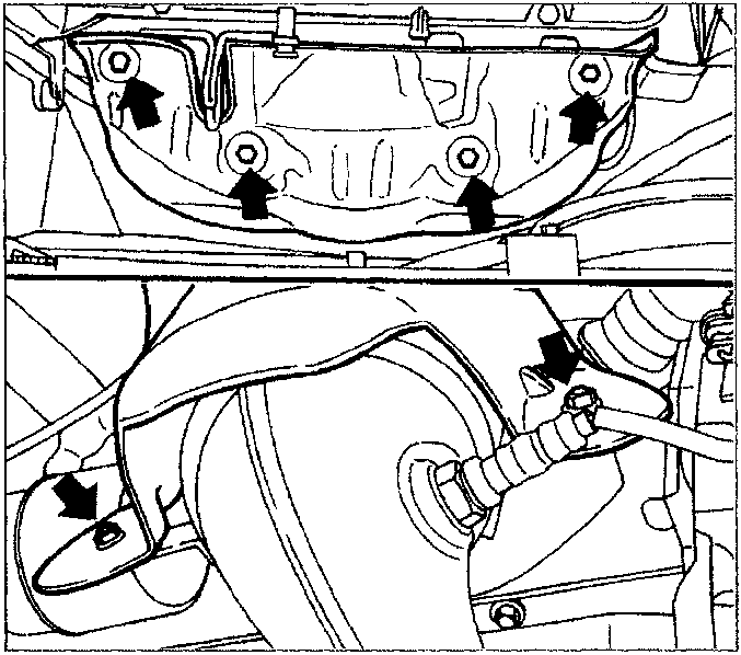 Diagram showing the heat shield and surrounding components with arrows pointing to fixing points.
