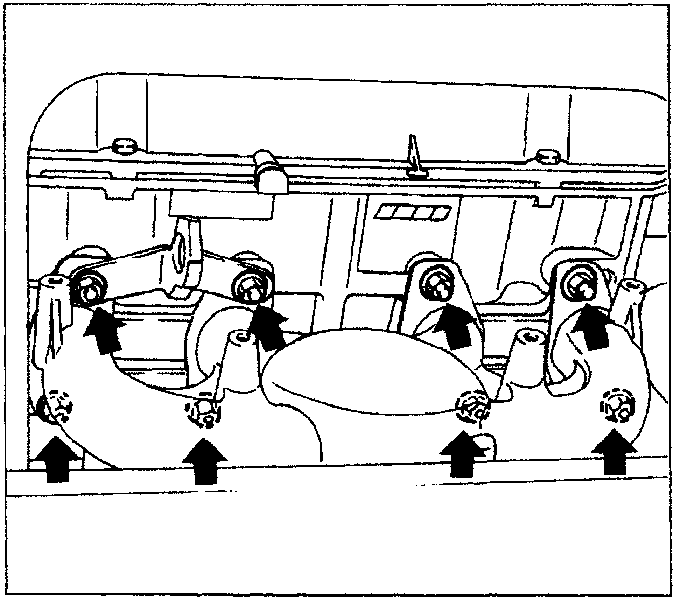 Diagram showing the exhaust manifold attached to the cylinder head with arrows indicating the upper and lower fixing bolts.