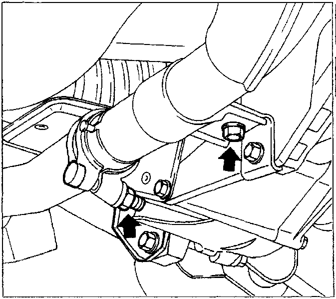 Diagram showing the manifold mounting bracket bolts and pipe-manifold flange connection with arrows pointing upwards