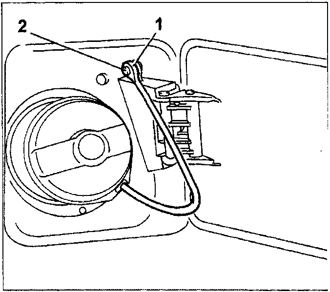 Diagram of the fuel tank cap assembly showing the cable (1) attached to the pin (2)