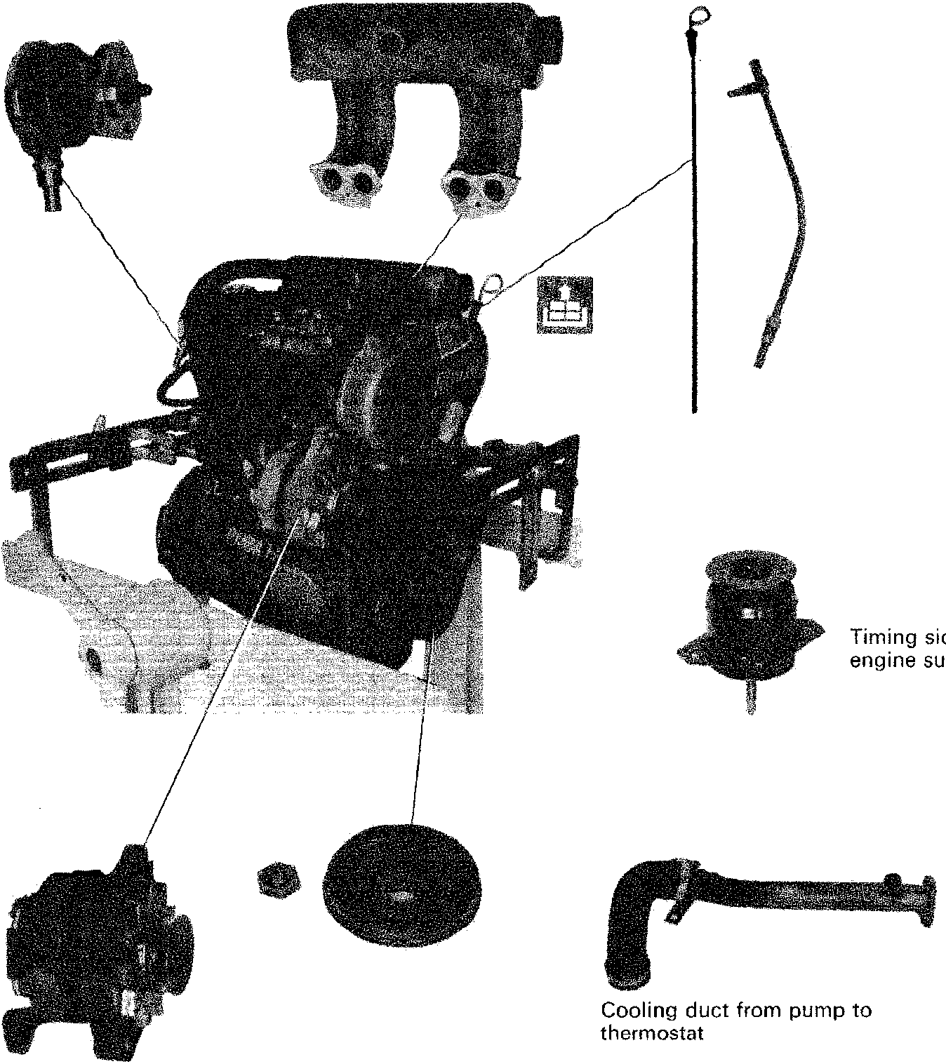 Diagram showing modified engine components including timing side engine support and cooling duct from pump to thermostat