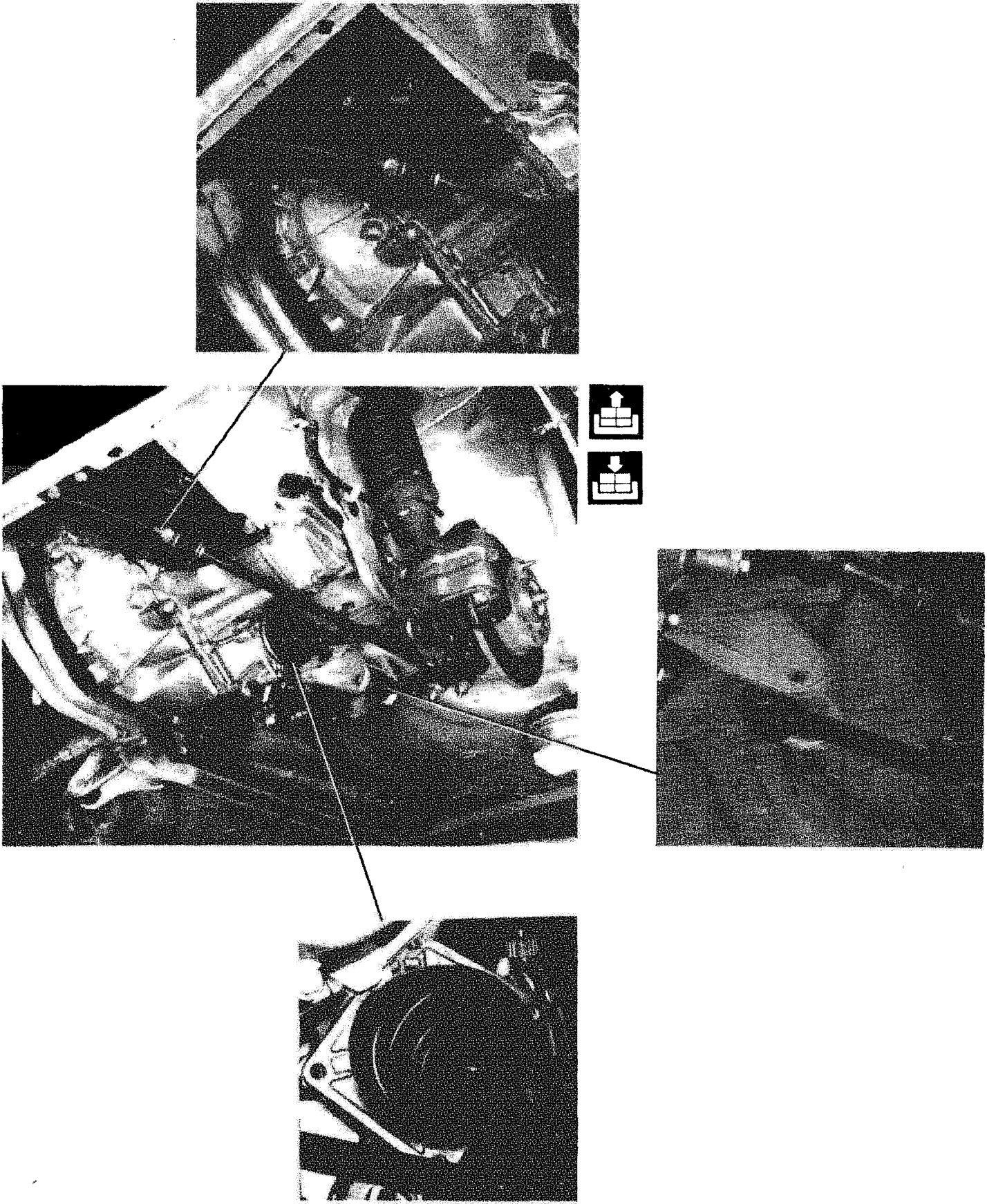 A composite photograph showing the underside of a vehicle, highlighting the gearbox and differential assembly with callout lines pointing to specific components including mounting points and the driveshaft connection. Two small icons indicating up and down directions are visible next to the central image.