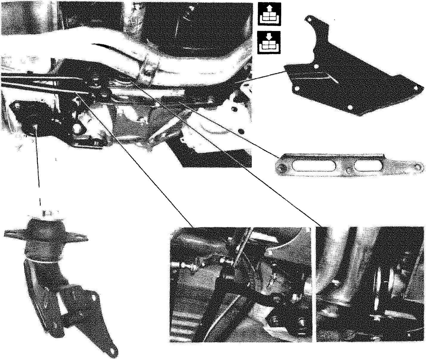 Diagram showing the removal of the gearbox-differential support, heat shield, and related components from under the vehicle.
