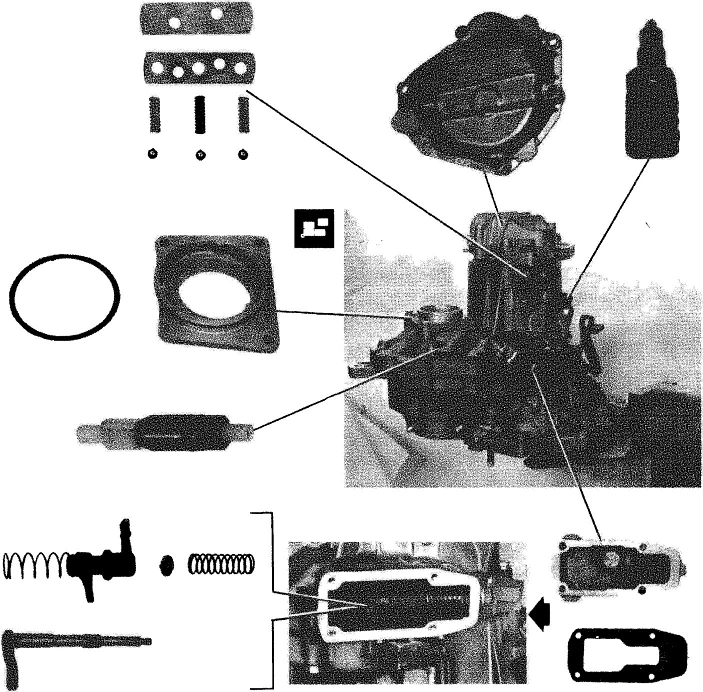 An exploded view diagram showing various components removed from the gearbox including gaskets, bolts, seals, covers, and internal mechanisms with lines indicating their positions on the assembly.