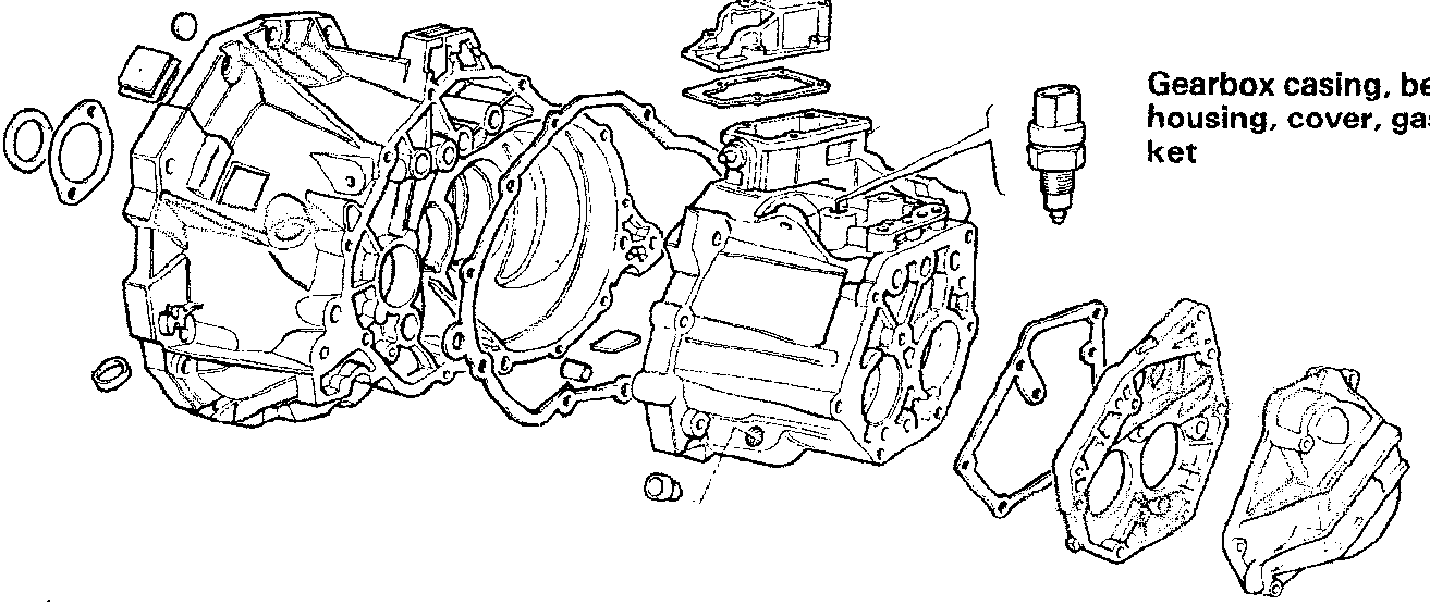 Exploded view of the gearbox casing, bell housing, cover, and gasket