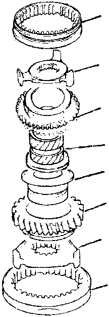 Exploded view of lay shaft components including gears, synchronizers, sleeves, and bushes