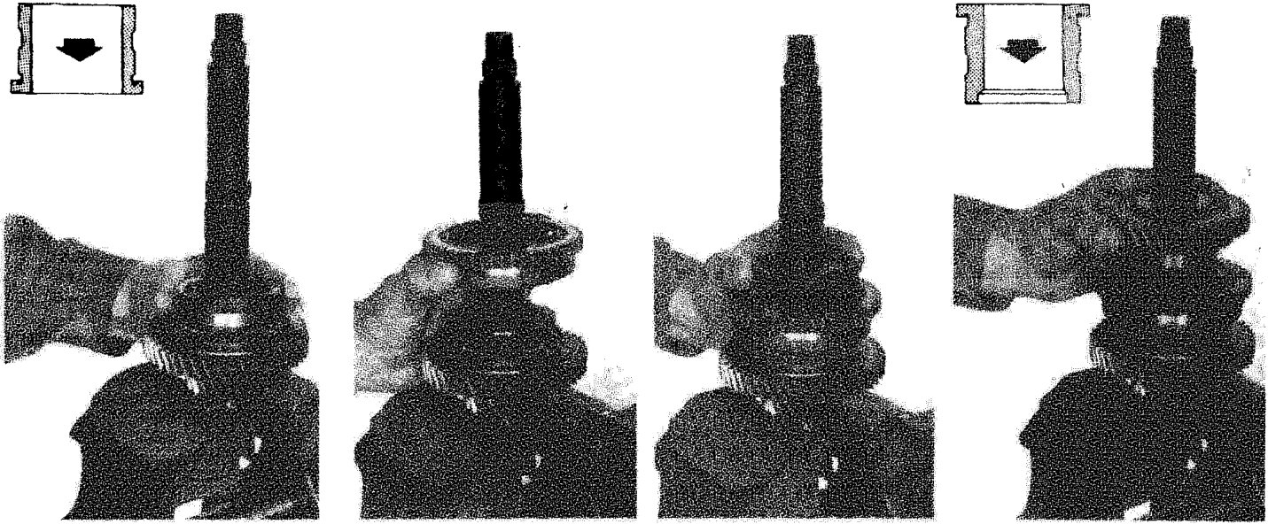 Four sequential photos showing the assembly of gears and synchronizers onto a lay shaft, with small diagrammatic insets in the top corners indicating direction.