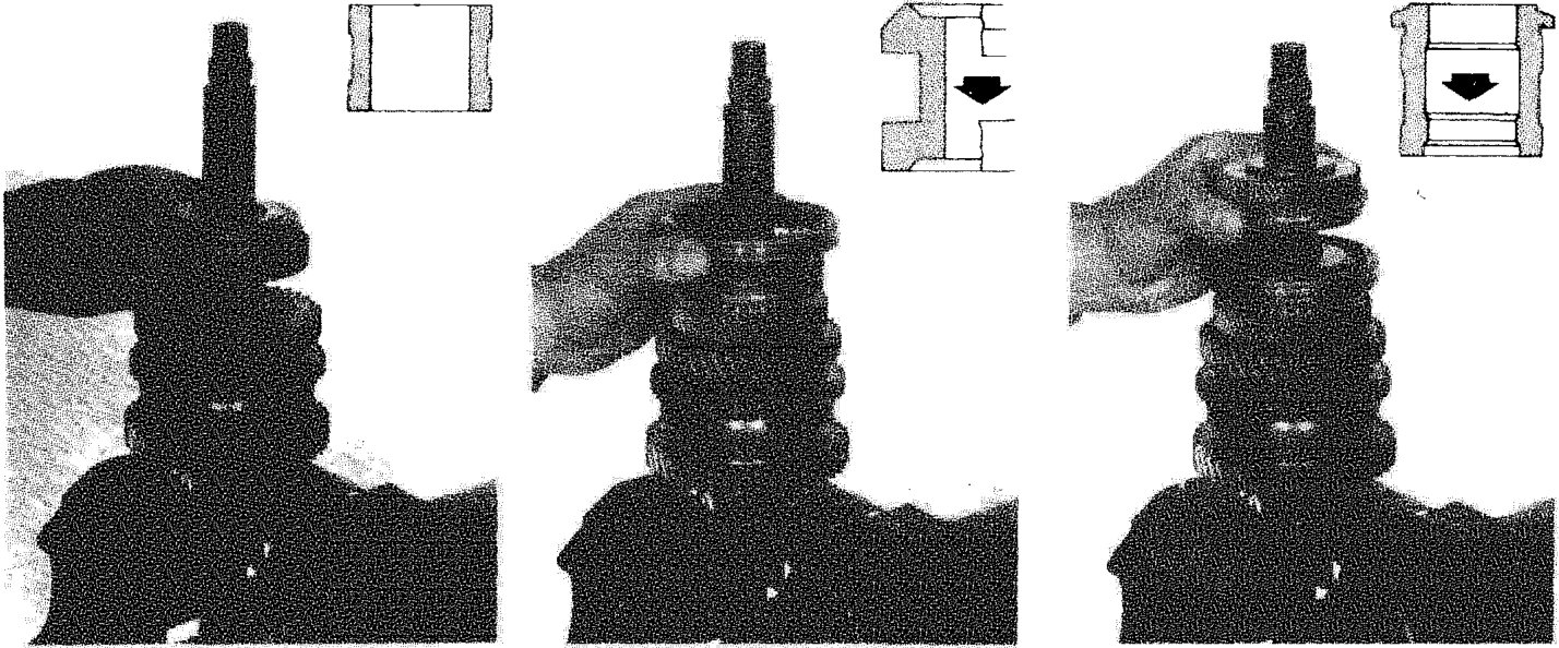 Three sequential photos showing further assembly steps on the lay shaft, including fitting bushes, gears, hubs, and sleeves, with small diagrammatic insets in the top area indicating direction.