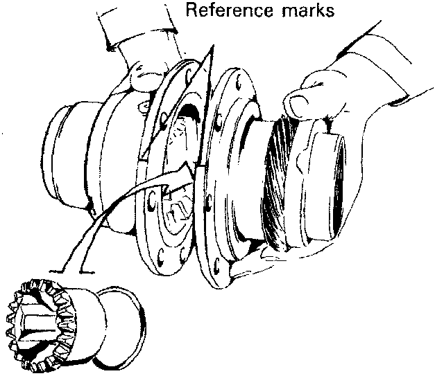 Diagram showing the two halves of a differential being aligned with reference marks indicated by arrows. A hand is shown holding one half, and a planet gear assembly is visible in the lower left corner.