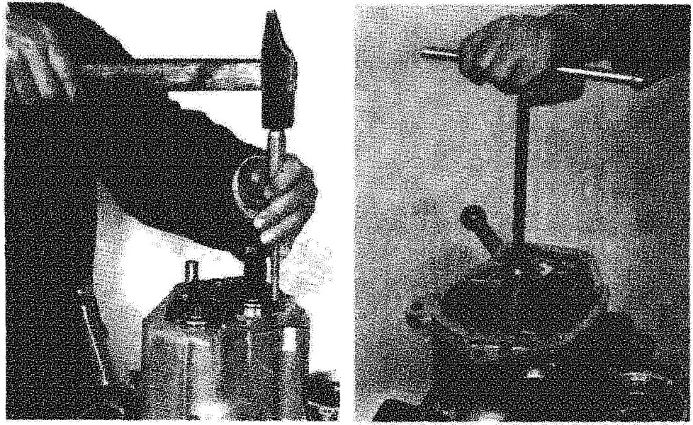Two images showing the fitting of bearings using a hammer and drift, and tightening a component with a T-handle tool.