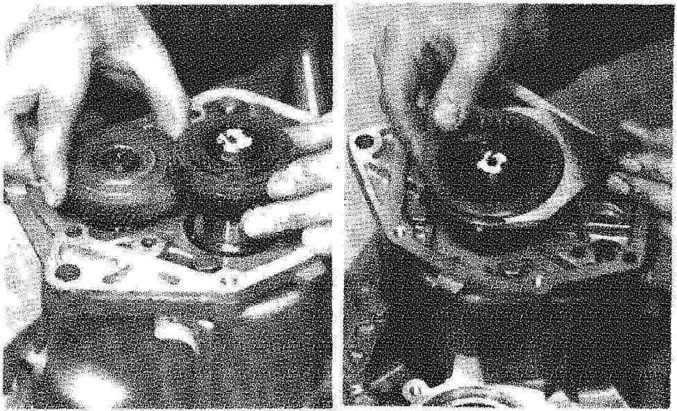 Two images showing hands positioning 5th speed gears and related components into the gearbox casing.